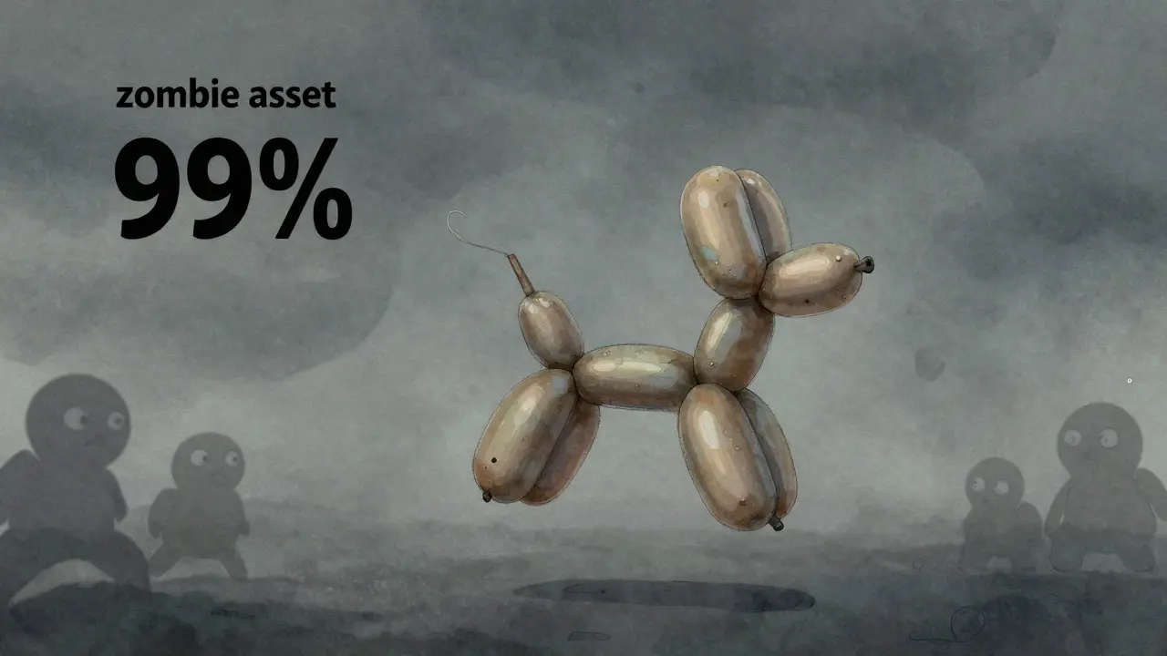 Palloncino sgonfio a forma di Bloo che galleggia in un cielo grigio e nebbioso