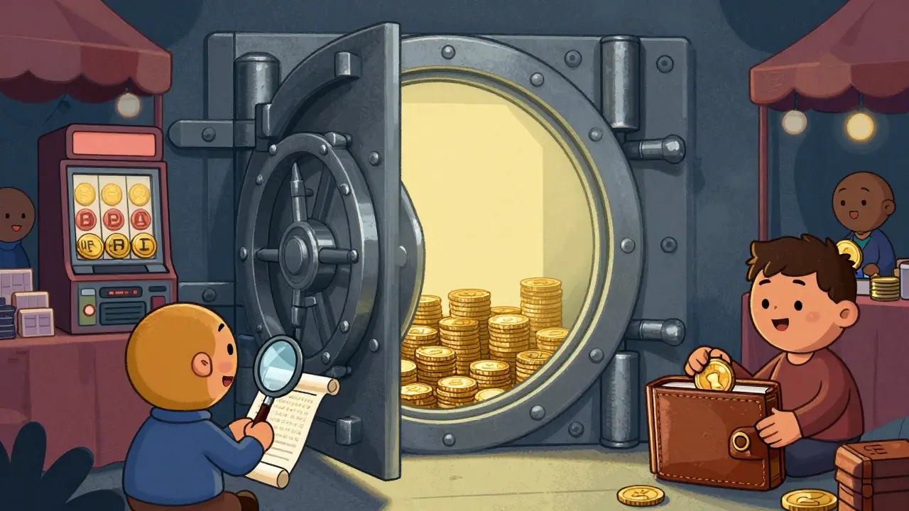 Personaggi che gestiscono token e sicurezza in un mercato digitale