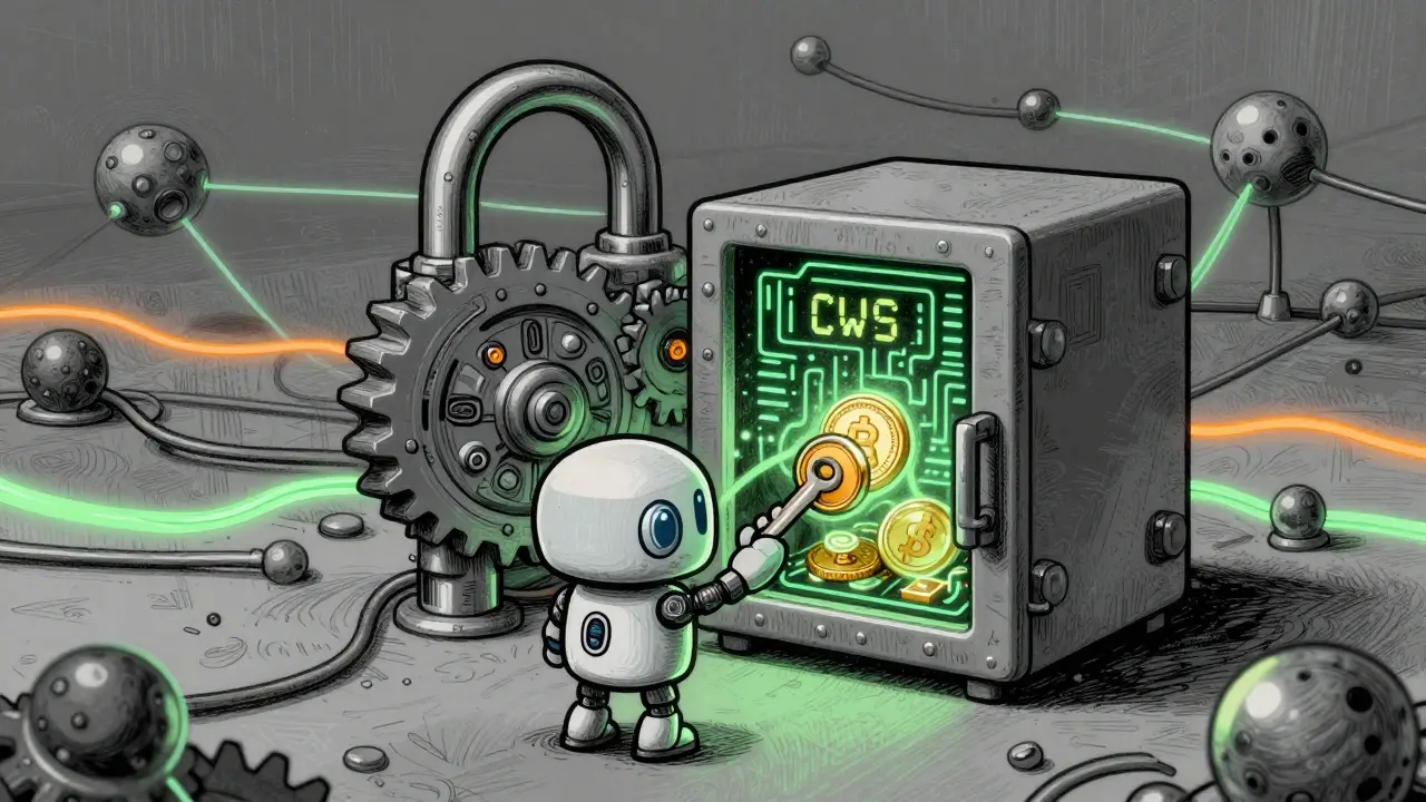 Robot cartoonesco che cerca di sbloccare una cassaforte digitale con una chiave a forma di moneta