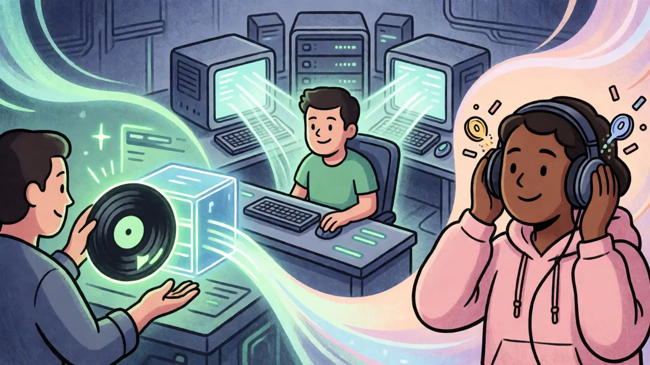 Scena illustrata che mostra artista, operatore di nodo e fan connessi da flussi di token digitali