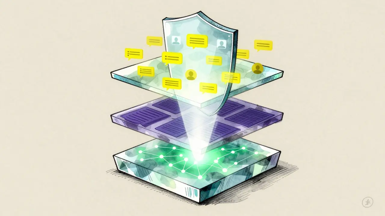 Tre livelli di dati traslucidi che si fondono in uno scudo olografico, rappresentando l'intelligenza blockchain multi-livello.