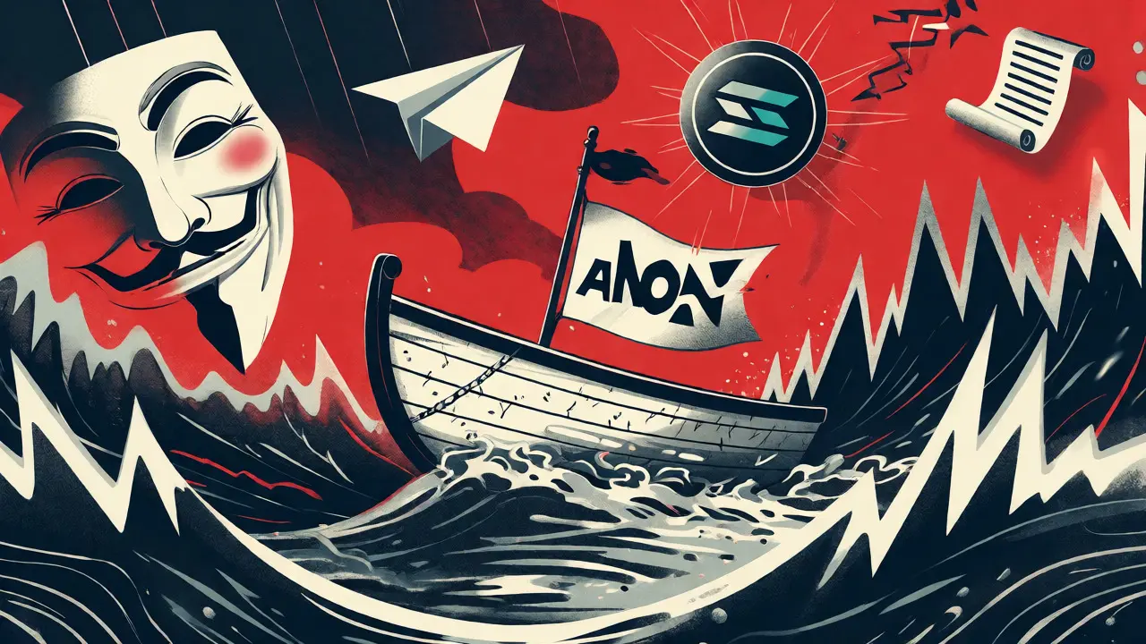 Barchetta ANON in un mare turbolento con simboli di vari progetti crypto.