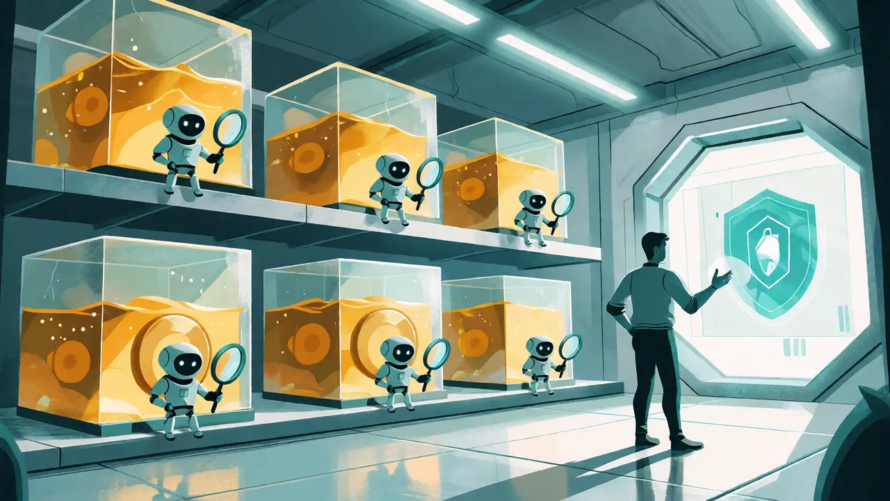 Caveau digitale ordinato con riserve di stablecoin protette da robot guardie