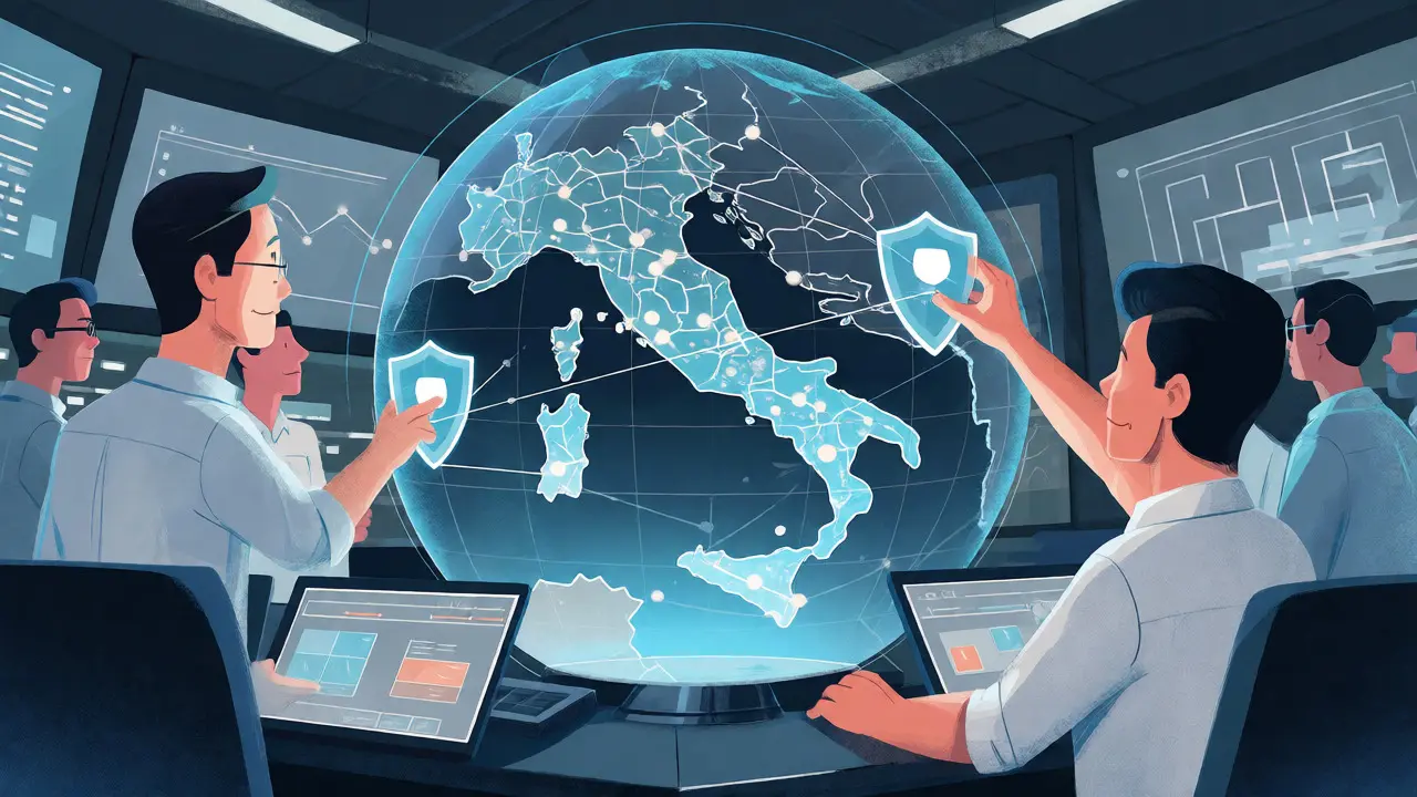Centro operativo di sicurezza con ologrammi globali che mostrano la collaborazione degli utenti.