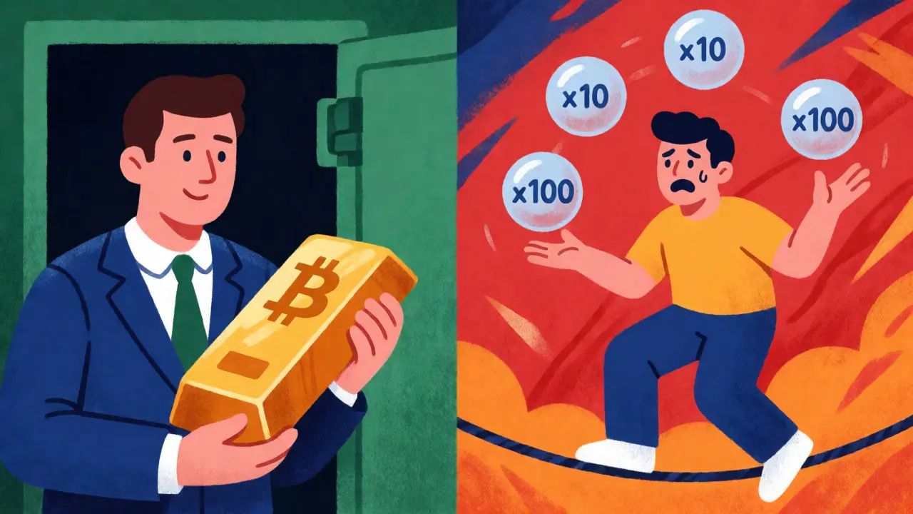 Confronto illustrato tra la sicurezza dello spot trading e il rischio dei futures con leva finanziaria.