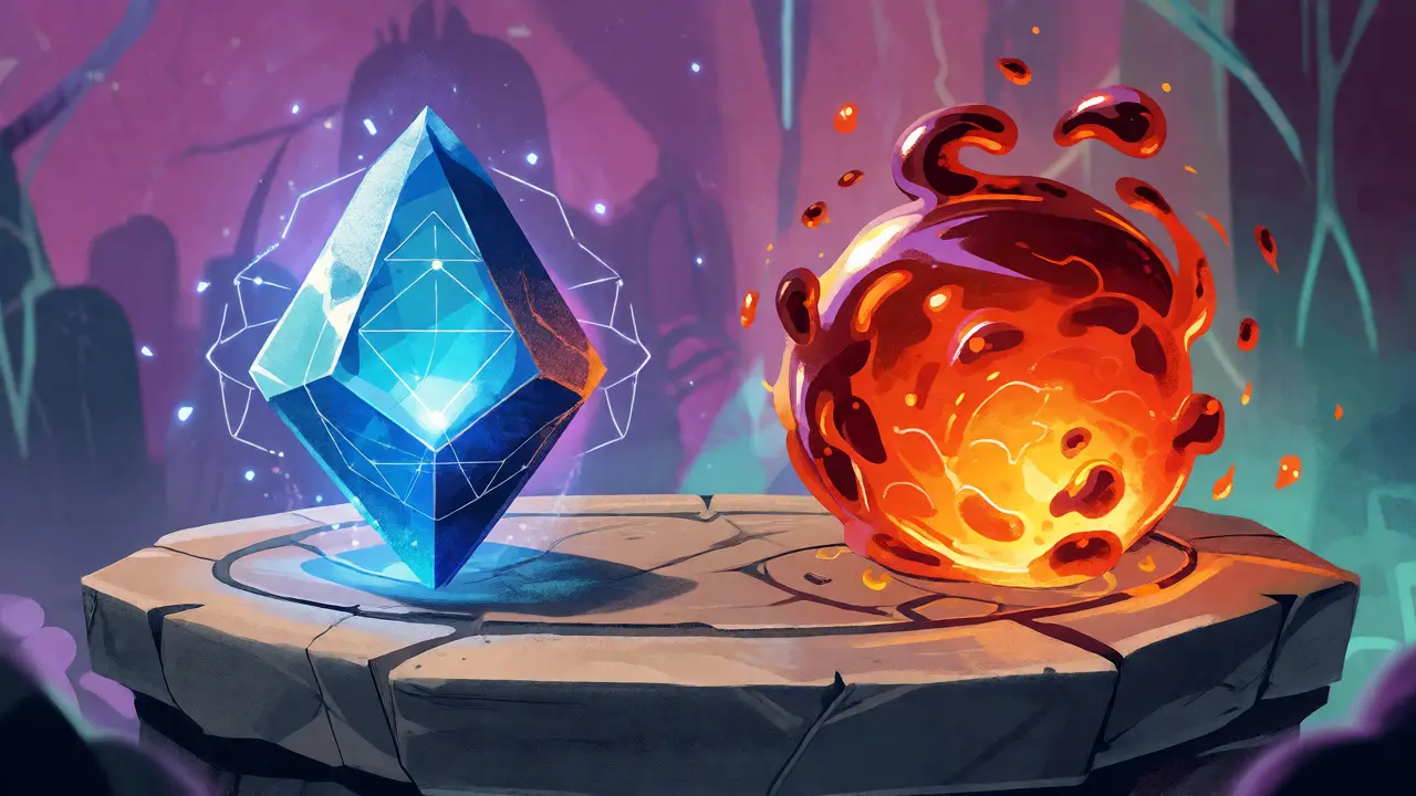 Confronto illustrato tra un cristallo blu stabile e una sfera di magma dinamica su un altare di pietra.