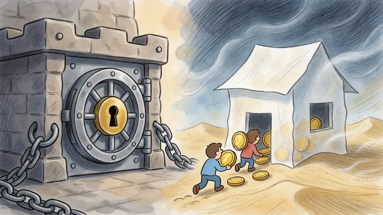 Confronto tra fortezza sicura e casa di carta instabile per crypto