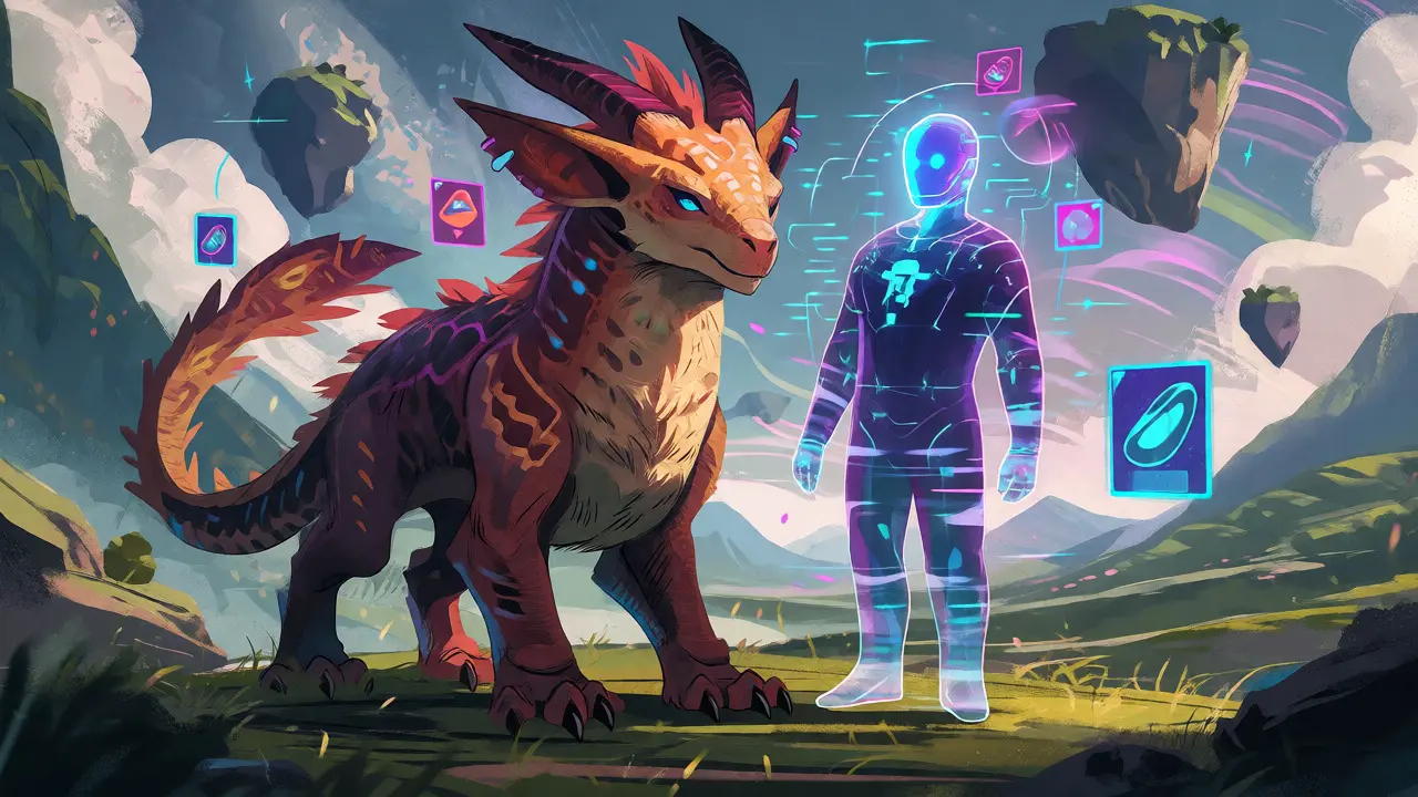 Creatura fantastica dettagliata accanto a un agente AI luminoso in un mondo virtuale immersivo