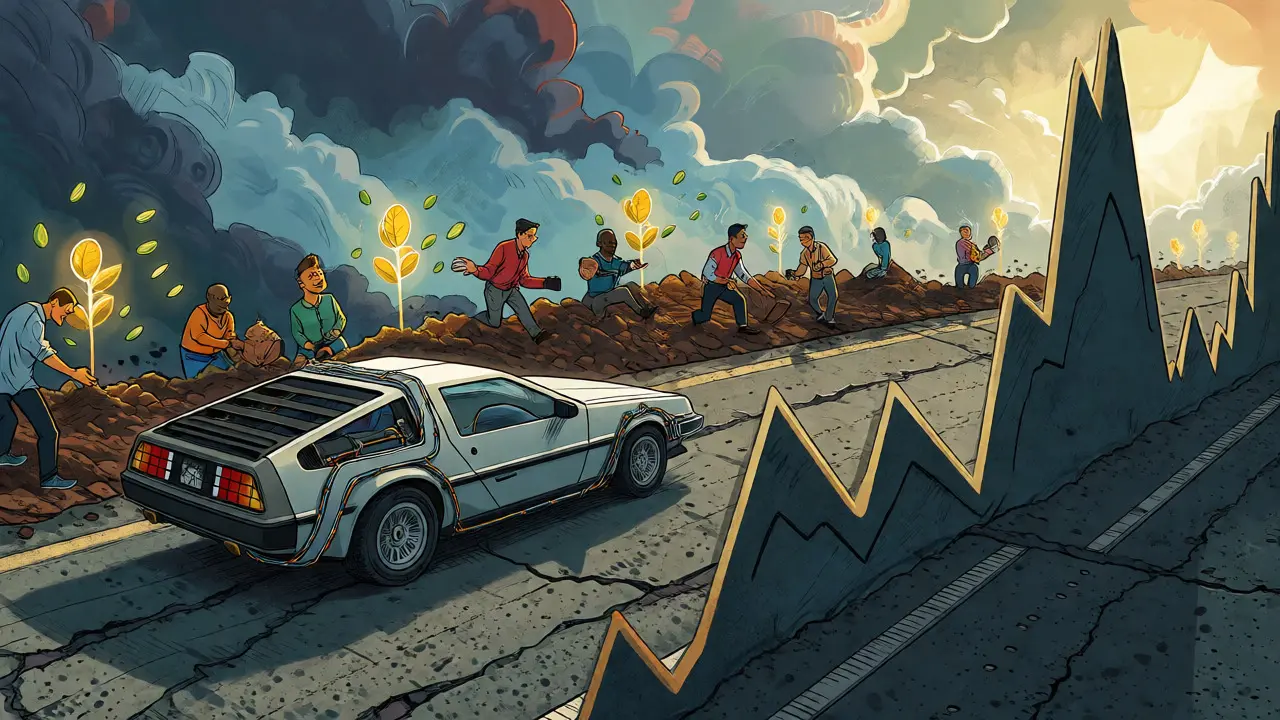 DeLorean su una strada-chart che rappresenta volatilità e staking
