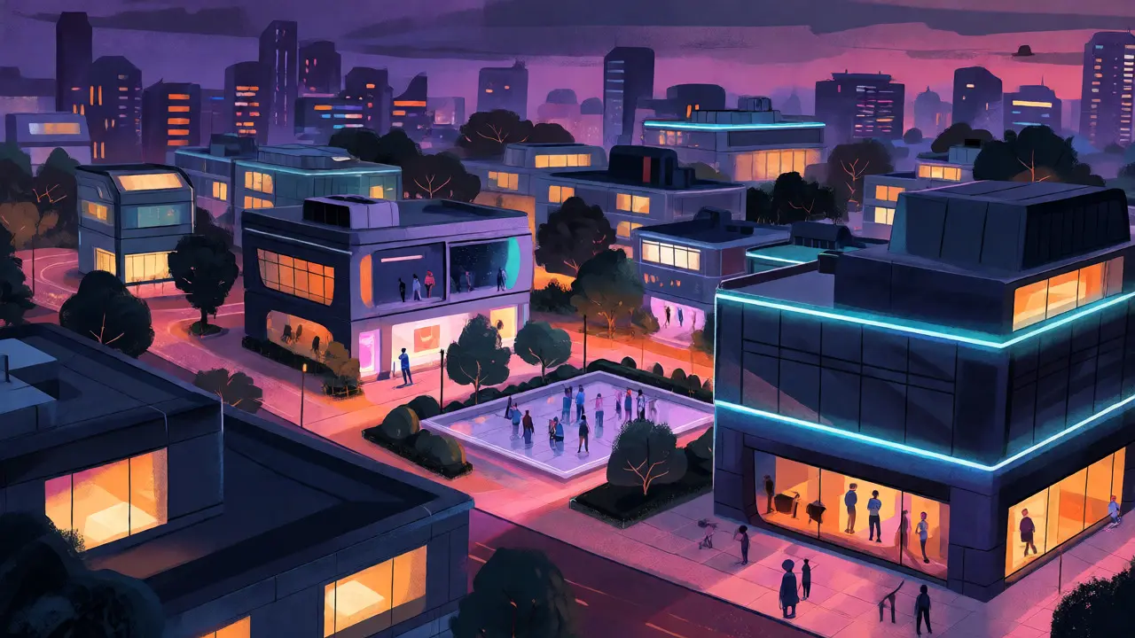 Distretto urbano futuristico e maturo di Decentraland con edifici eleganti e vita sociale notturna