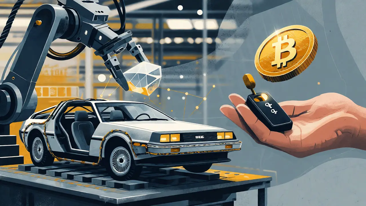 Fusione tra produzione automobilistica e finanza decentralizzata in stile cartoon