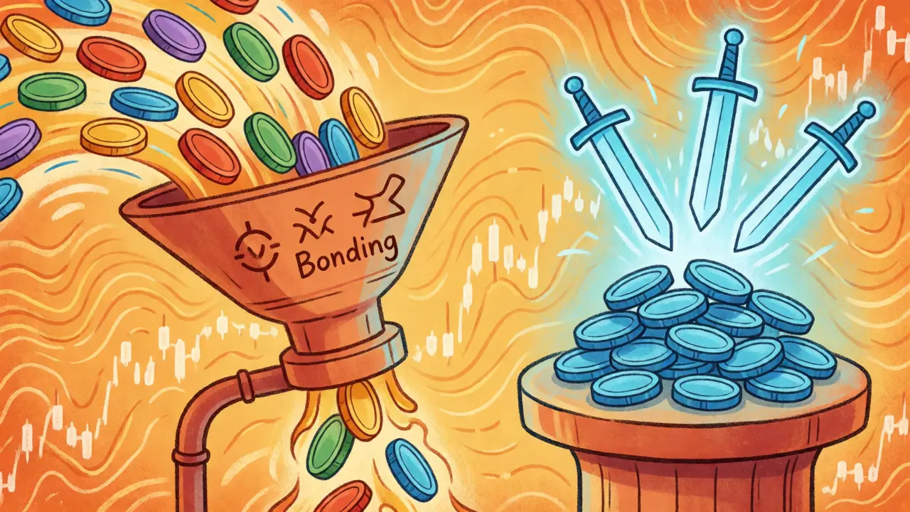 Meccanismo di staking e bonding illustrato con monete e spade