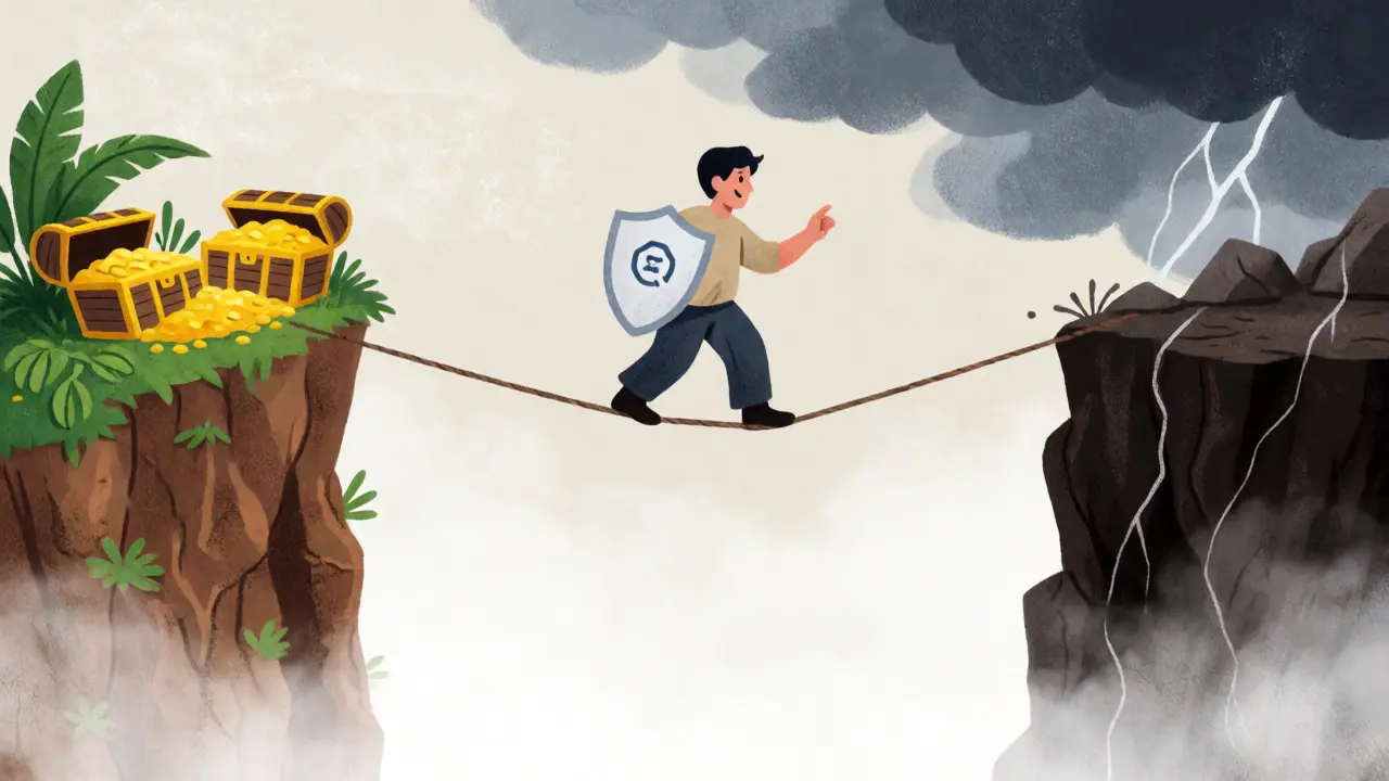 Metafora visiva dei rischi di liquidità e ricompense elevate nel trading DeFi su asset volatili.