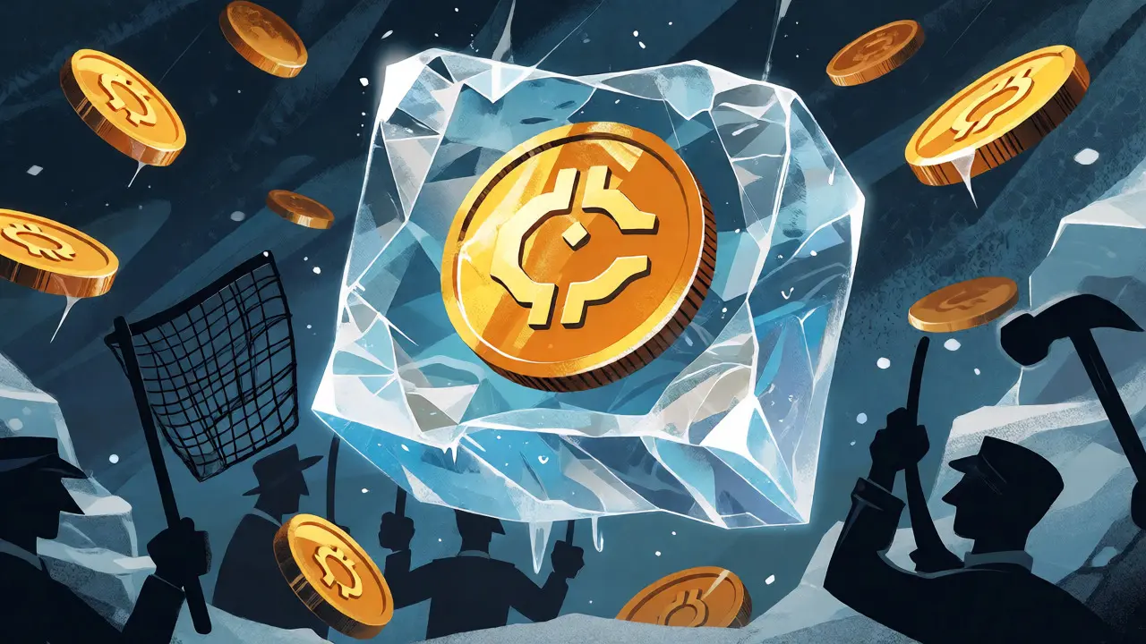 Moneta cripto congelata nel ghiaccio mentre figure burocratiche osservano, simboleggiando le restrizioni OFAC.
