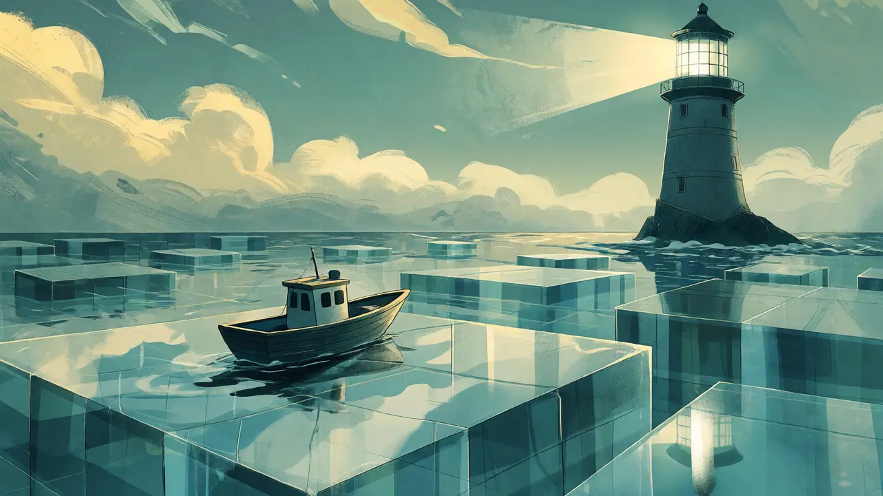 Piccola barca su un oceano immobile di blocchi di dati, lontana dai grandi exchange.