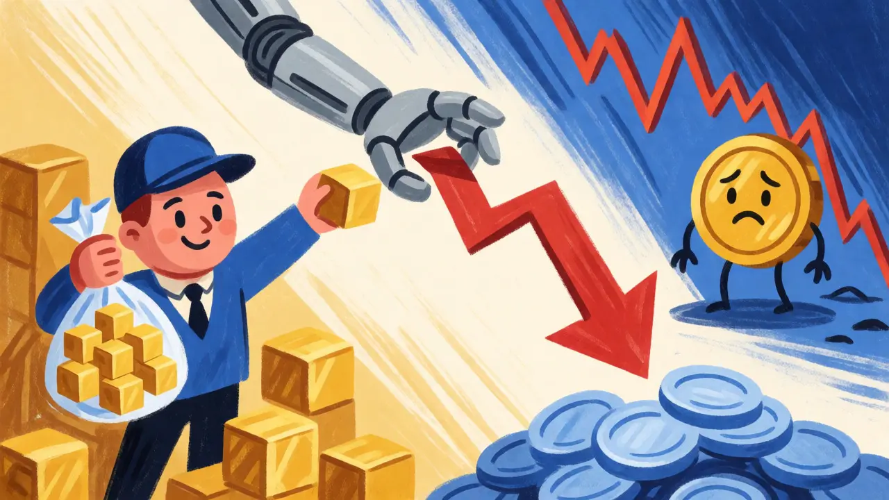 Rappresentazione cartoon della meccanica di shorting sintetico tramite collaterale e smart contract.