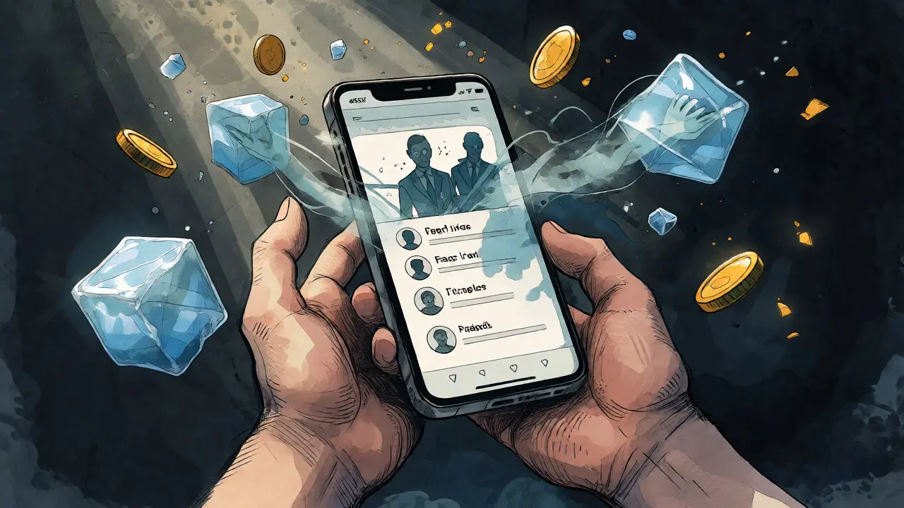 Smartphone con icone di rischio e conti congelati in stile illustrato