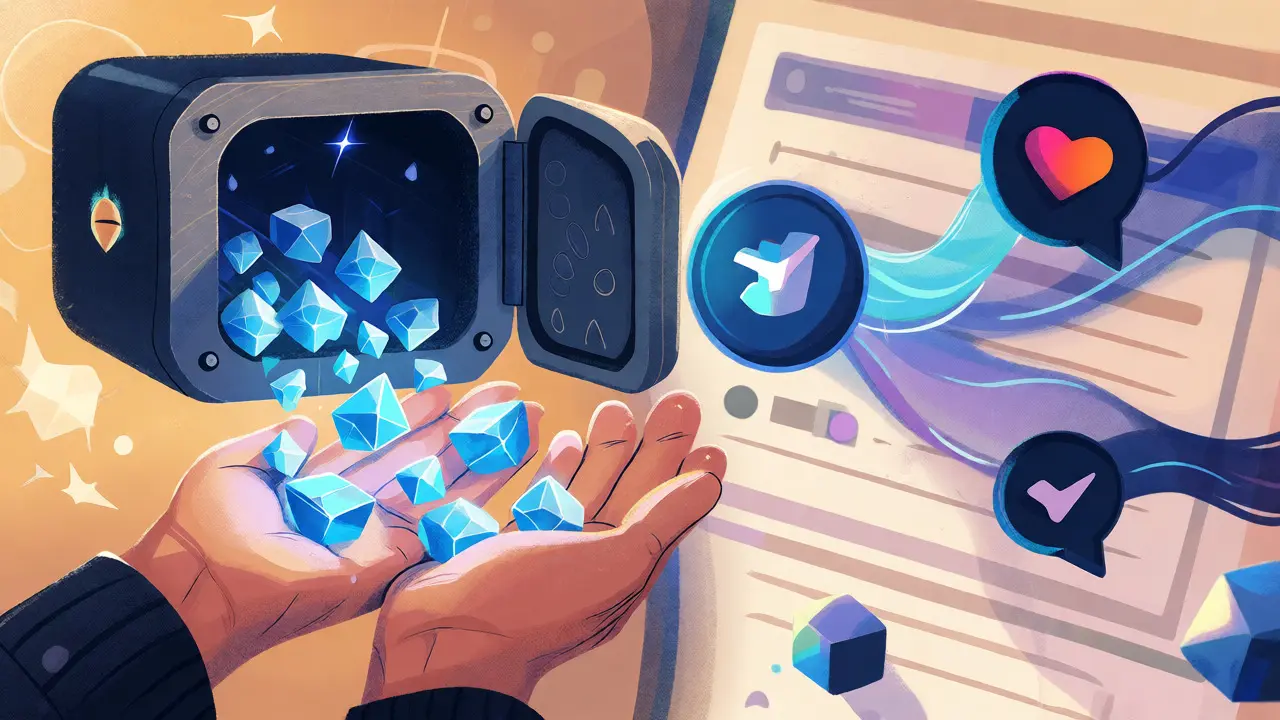 Stile illustrato testurizzato che mostra la distribuzione di token da un caveau digitale verso le mani dell'utente.