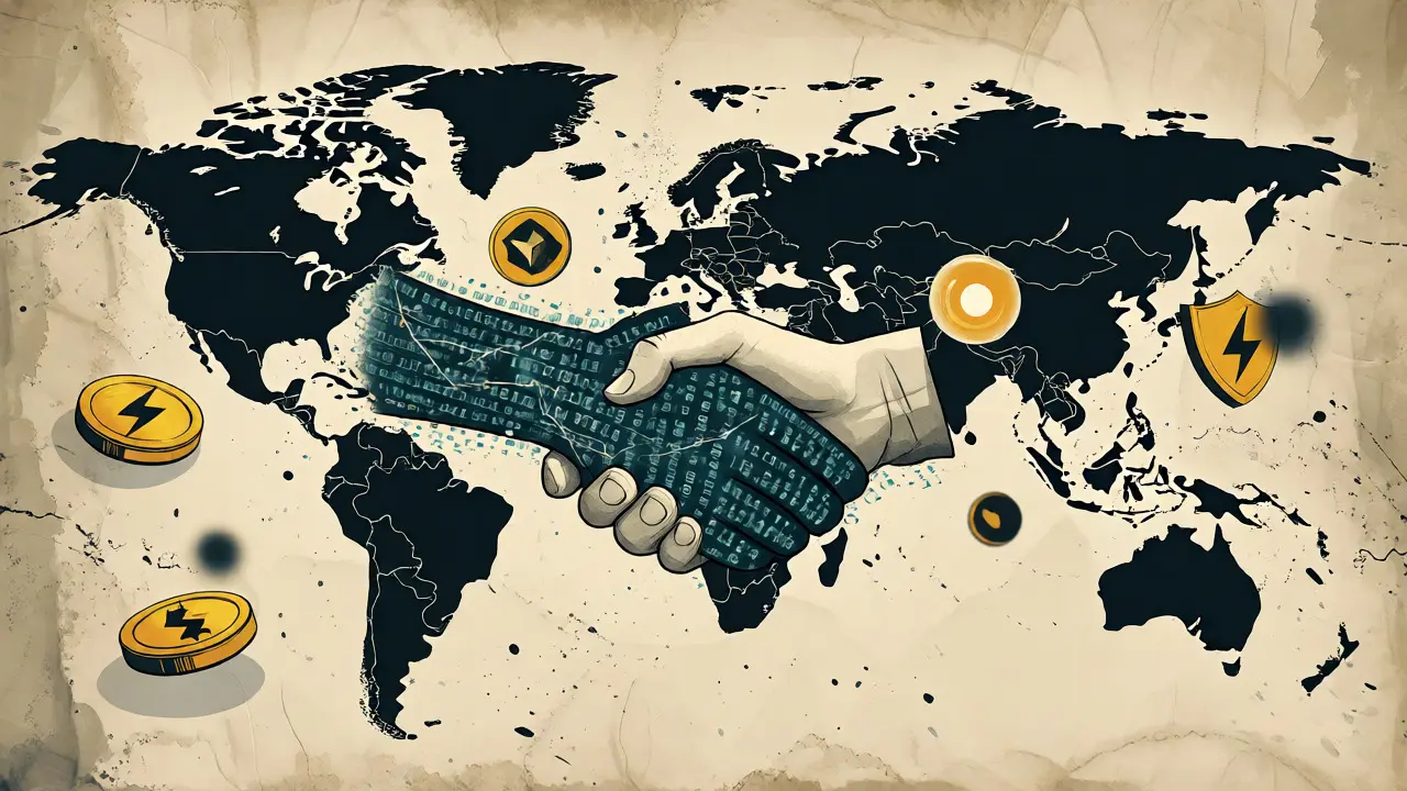 Stretta di mano digitale su una mappa globale stilizzata con icone simboliche di sicurezza e commissioni basse.