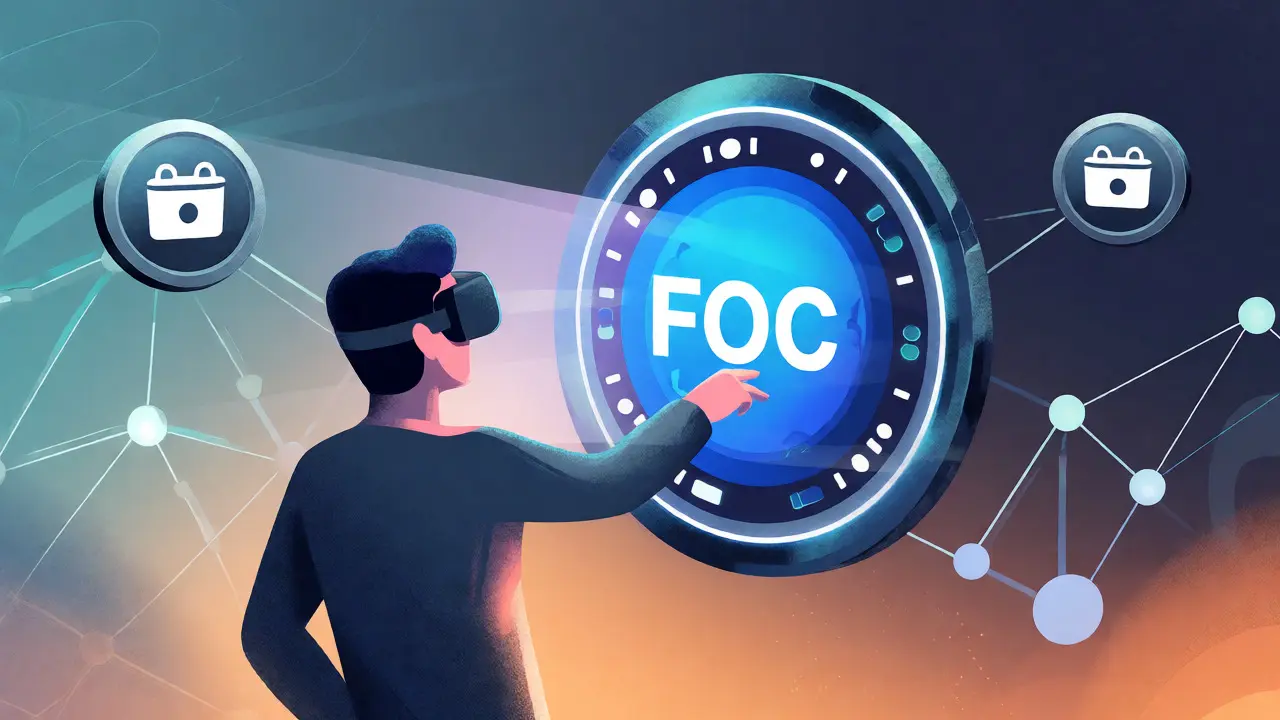 Utente con visore VR davanti a un portale di scambio decentralizzato PancakeSwap.