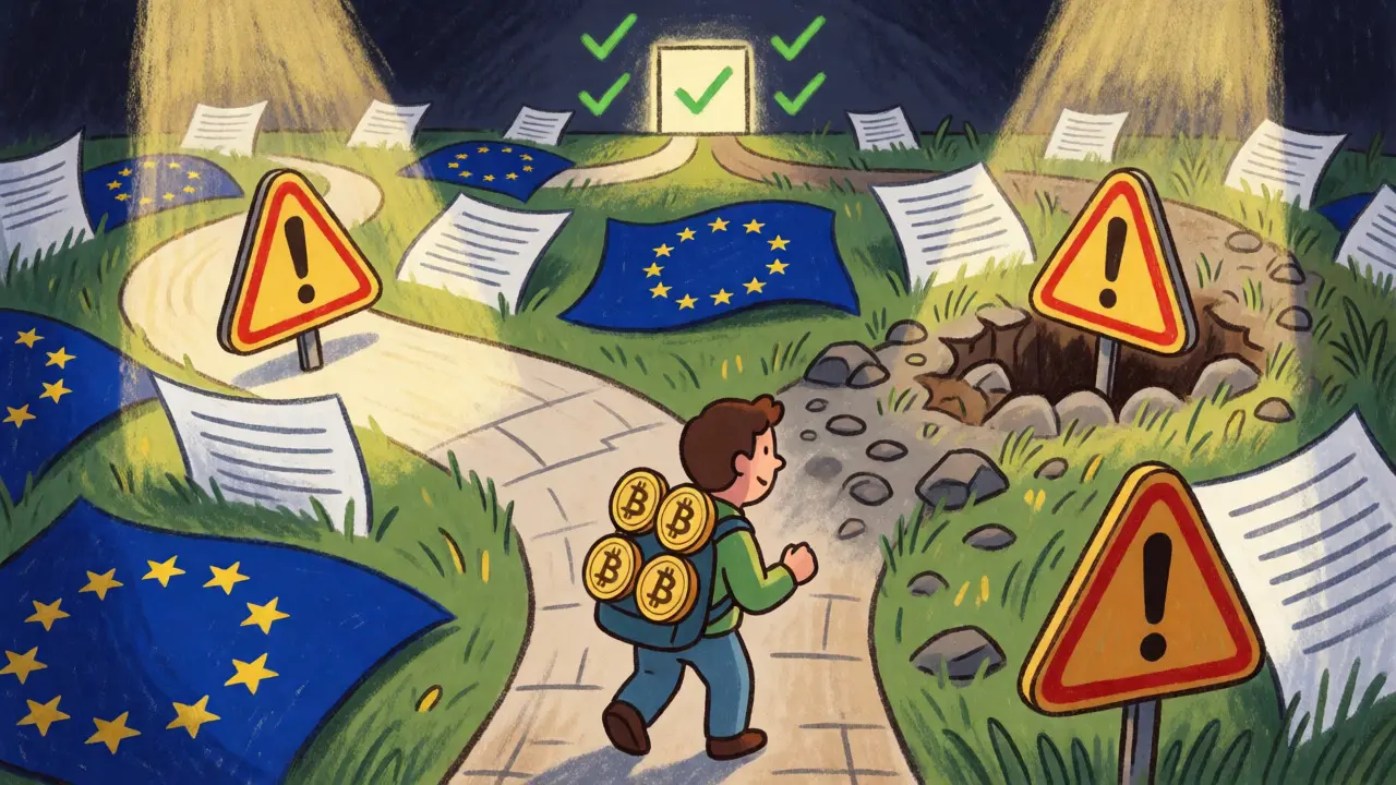 Viaggiatore nel labirinto delle normative crypto, tra sentieri sicuri e percorsi insidiosi.