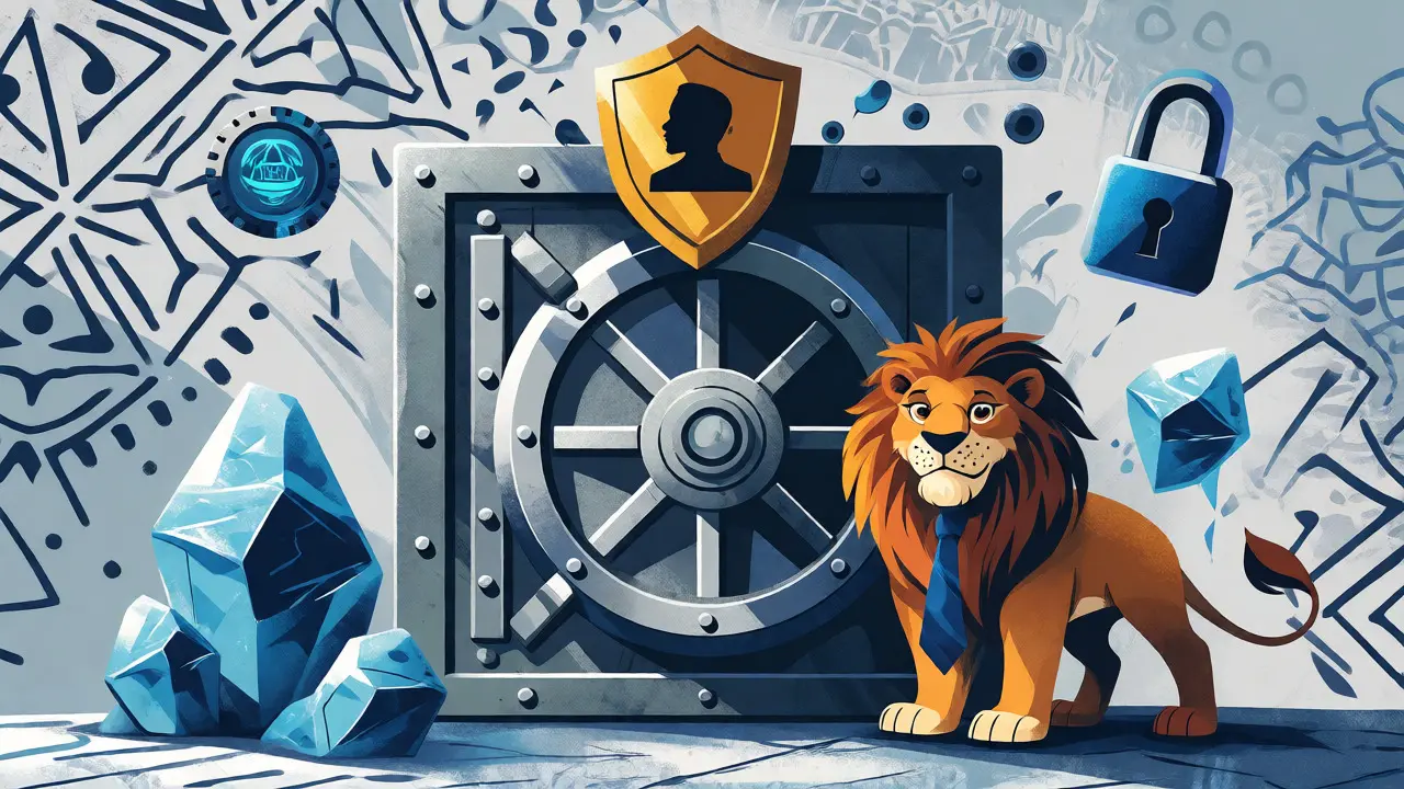 Cassaforte sicura con leone e scudo SEC nigeriana, simbolo di affidabilità e cold storage per le criptovalute.