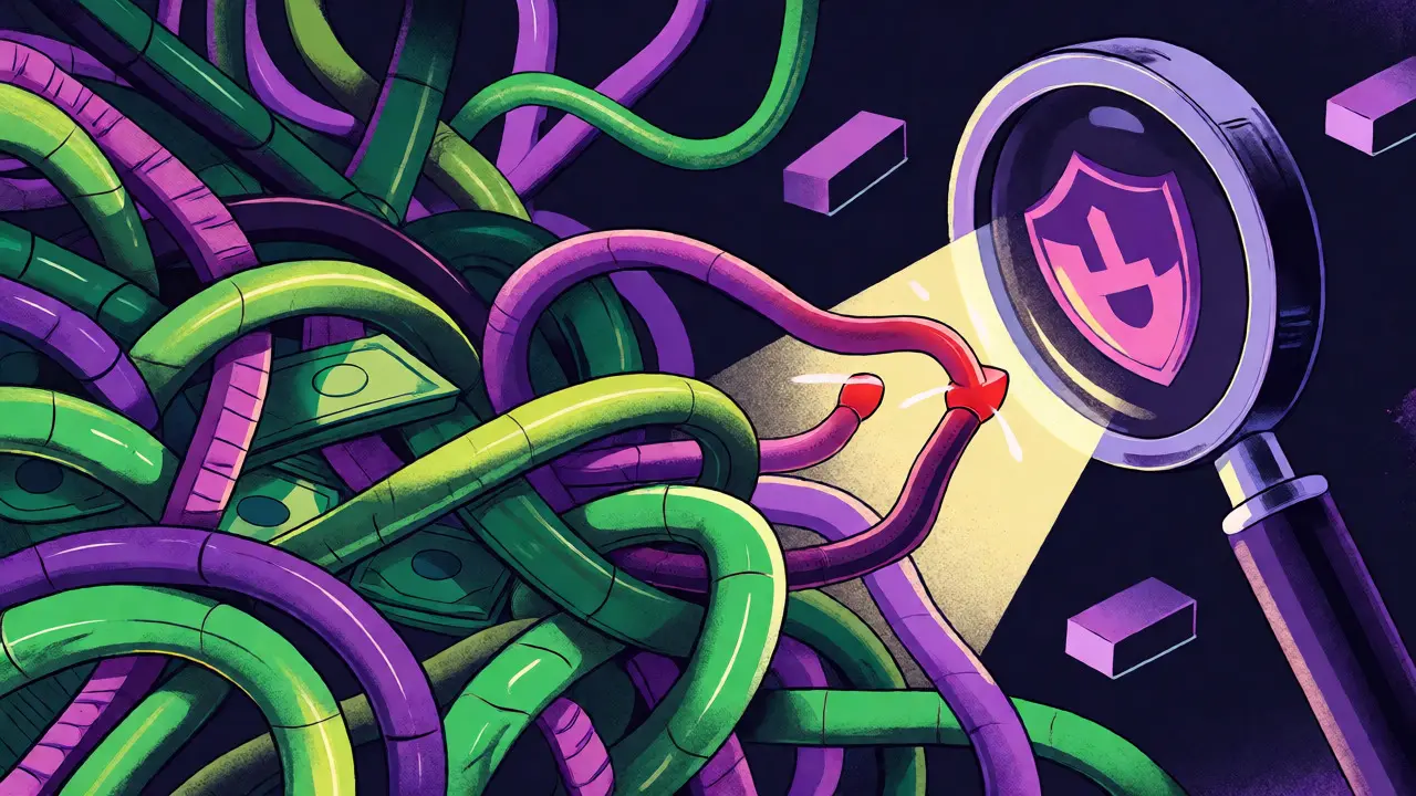 Concetto visivo delle tecniche di riciclaggio crypto contro i controlli sanzionatori