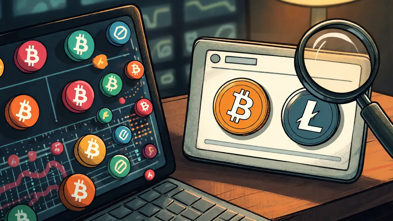 Confronto visivo tra un'interfaccia complessa e una semplice per il trading di BTC e LTC.