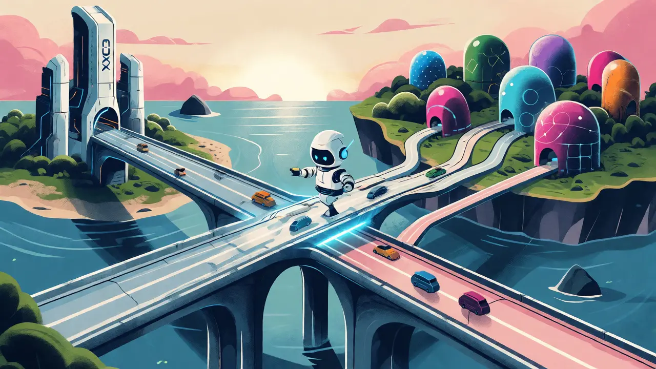 Illustrazione futuristica di un ponte ibrido che collega exchange centralizzati e decentralizzati tramite Layer 2.