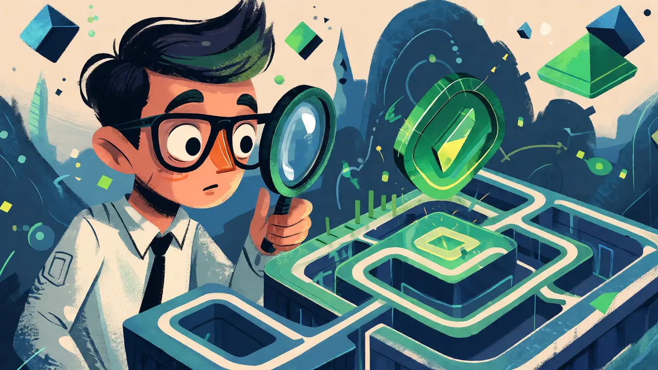 Investitore esamina un token crypto su una mappa complessa di scambi decentralizzati