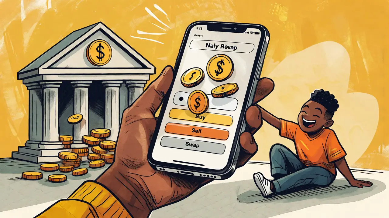 Mano che tiene uno smartphone con l'app Quidax intuitiva, mentre monete entrano da una banca semplificata.