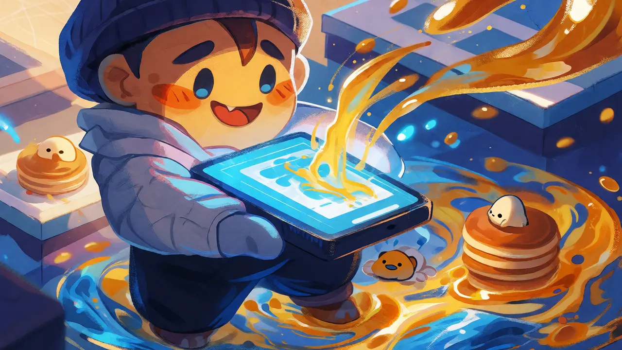 Personaggio cartoon che scambia token mentre pozzi di liquidità generano ricompense CAKE