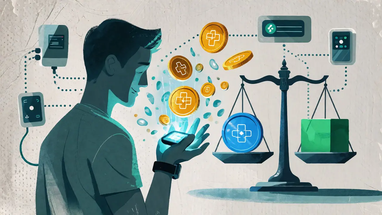 Rappresentazione illustrata della tokenomics di MDsquare con wearable che generano token TMED e stabilità degli MD Points.