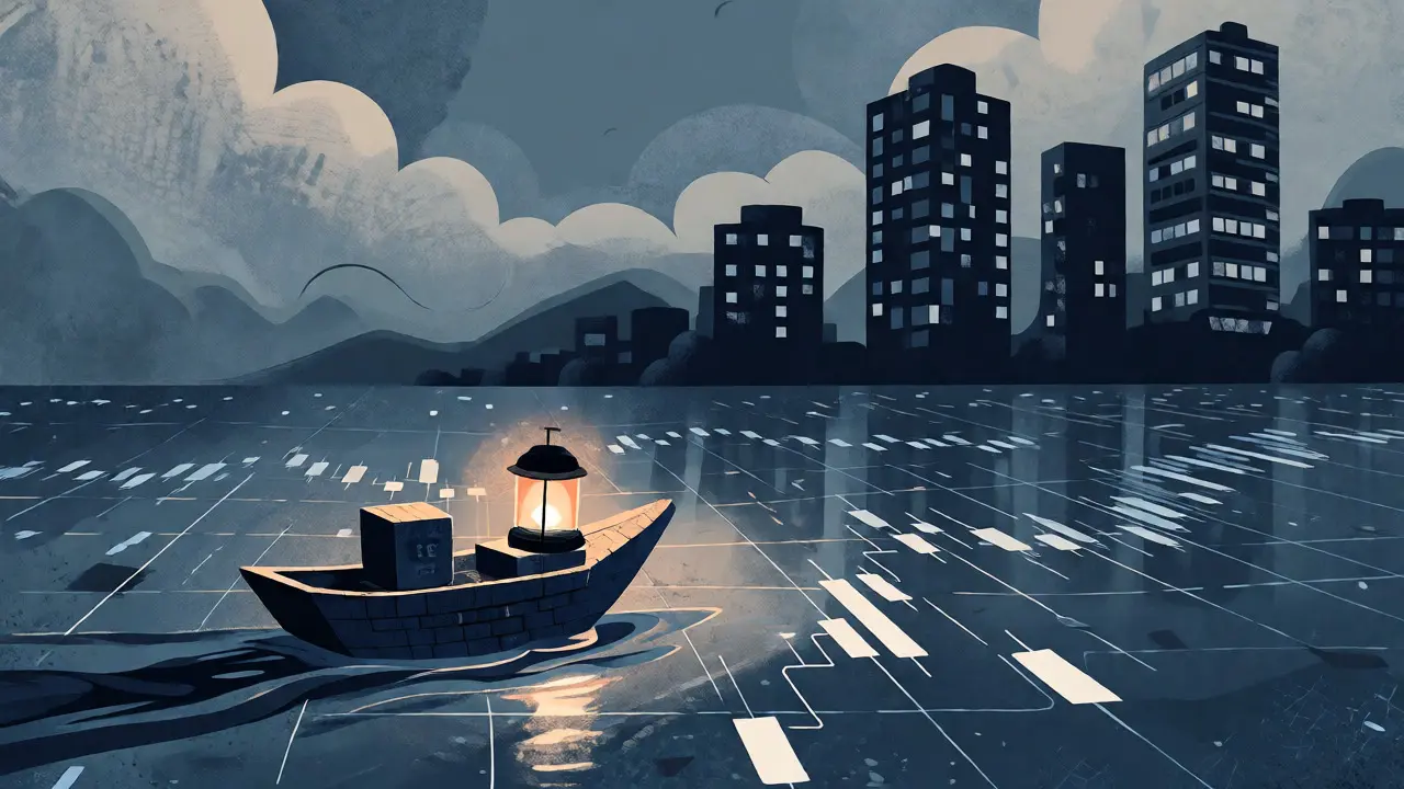 Scena illustrata malinconica che mostra la bassa liquidità e lo stato quiescente del progetto TMED nel mercato crypto.